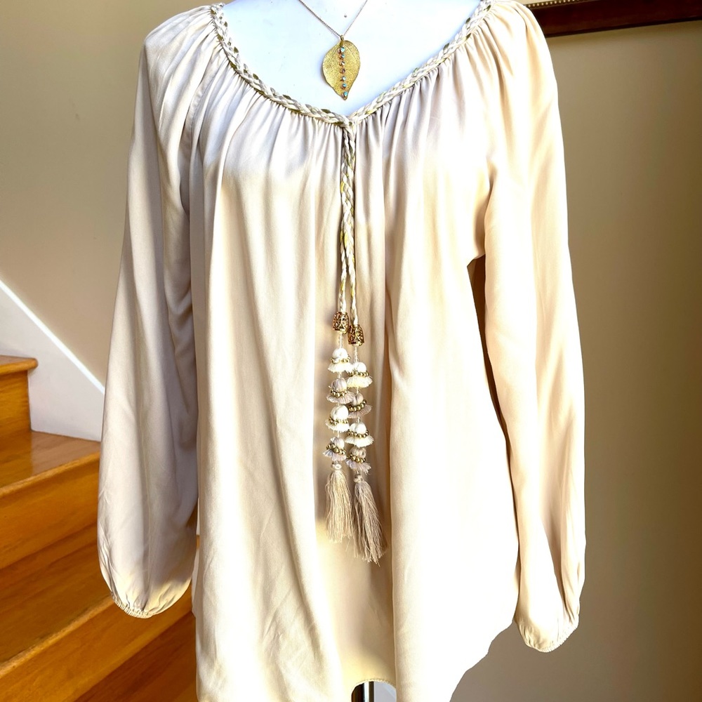 M-Made in Italy Cream Flowing Blouse with Gold Braided Tassel Detail SZ M